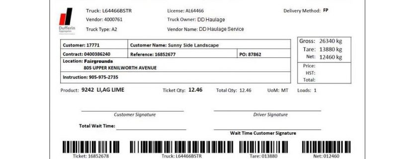 Dufferin Aggregates example ticket format